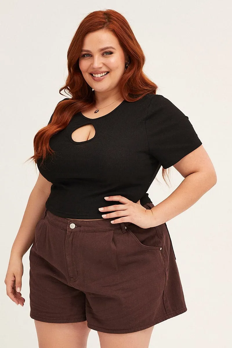 Date Vibe Island Vibe Brown Chocolate High Rise Pleats Relaxed Denim Shorts