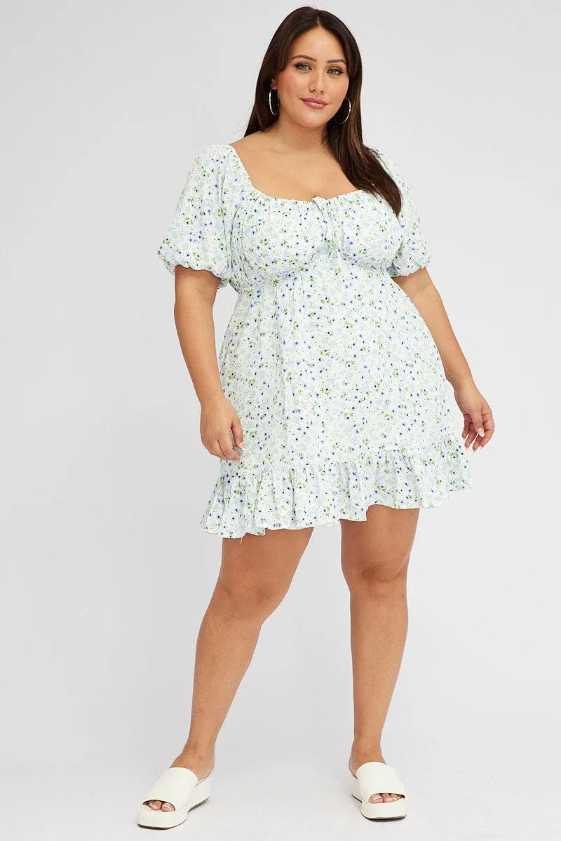 Tagless Labeling Glow Fresh Blue Ditsy Mini Dress Puff Sleeve Frill Hem