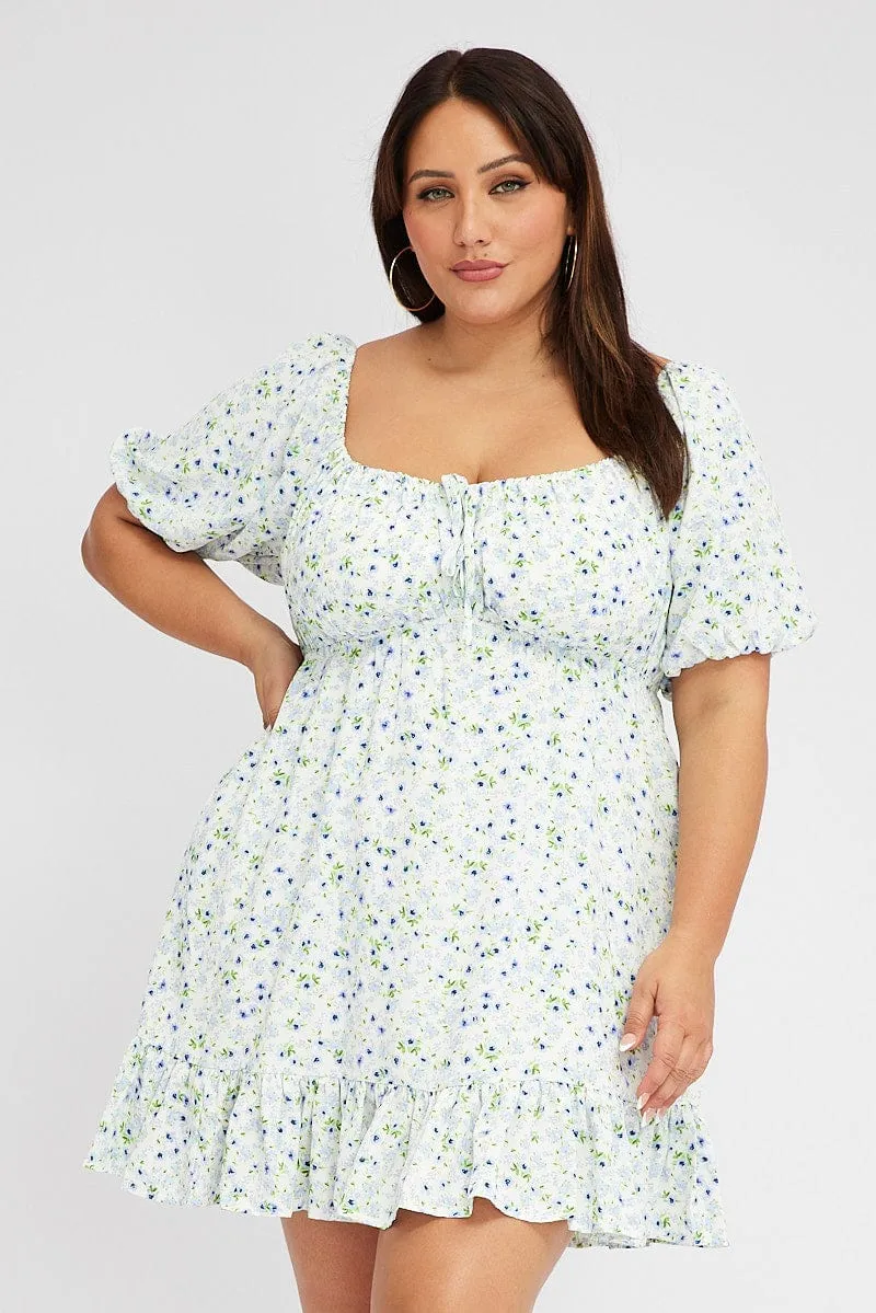 Blue Ditsy Mini Dress Puff Sleeve Frill Hem Urban Warm