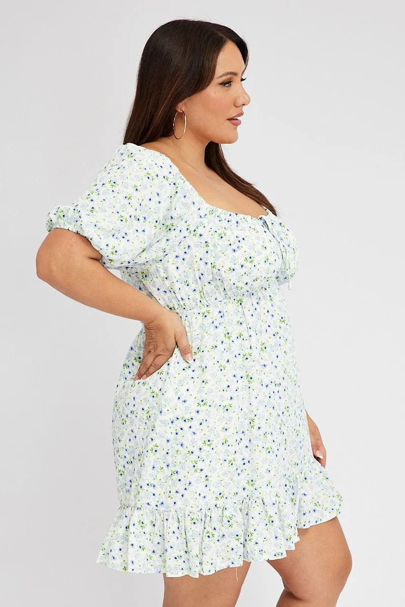 Seamless construction Blue Ditsy Mini Dress Puff Sleeve Frill Hem