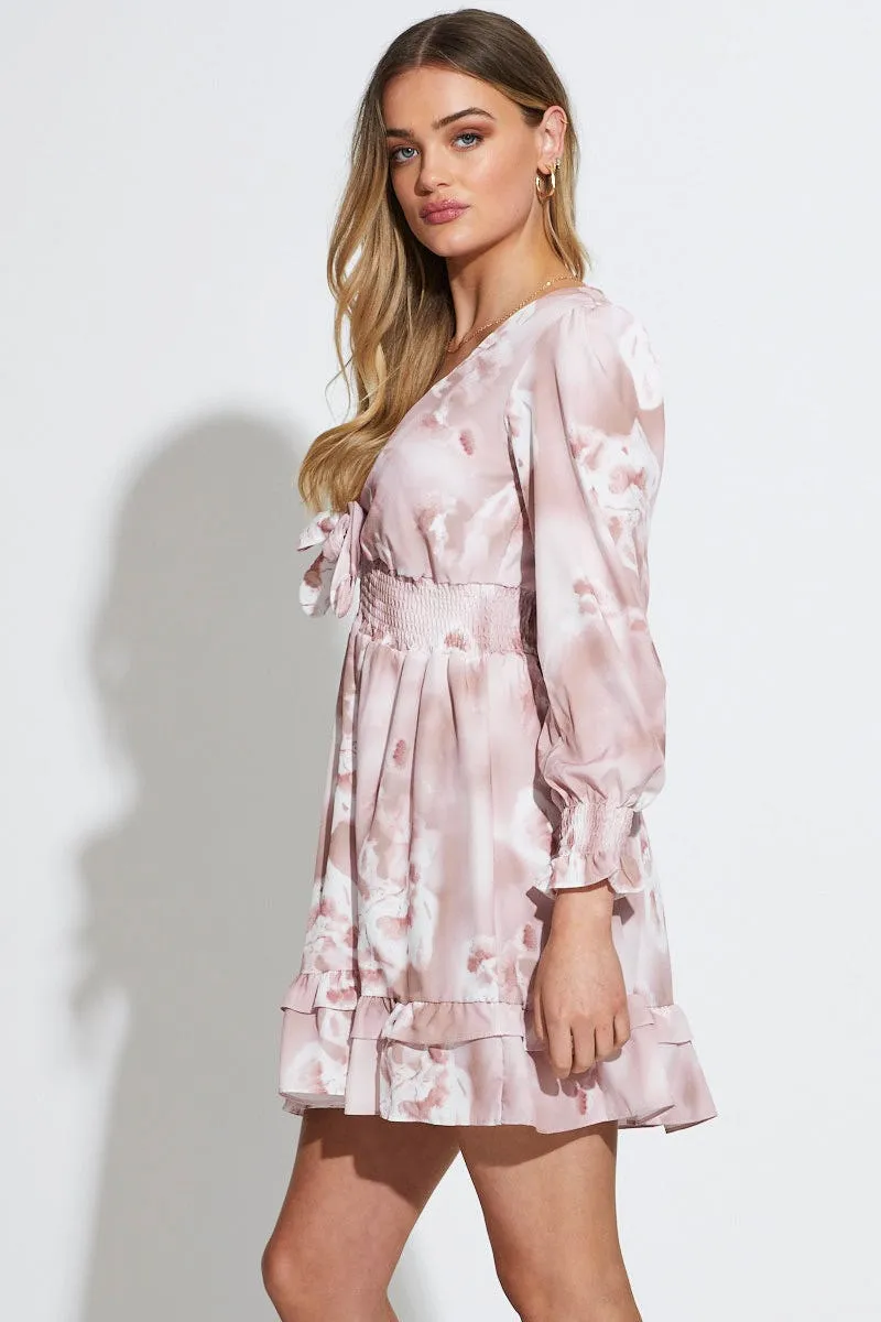Print Mini Dress Long Sleeve Skin Tint Reinforced Stitching