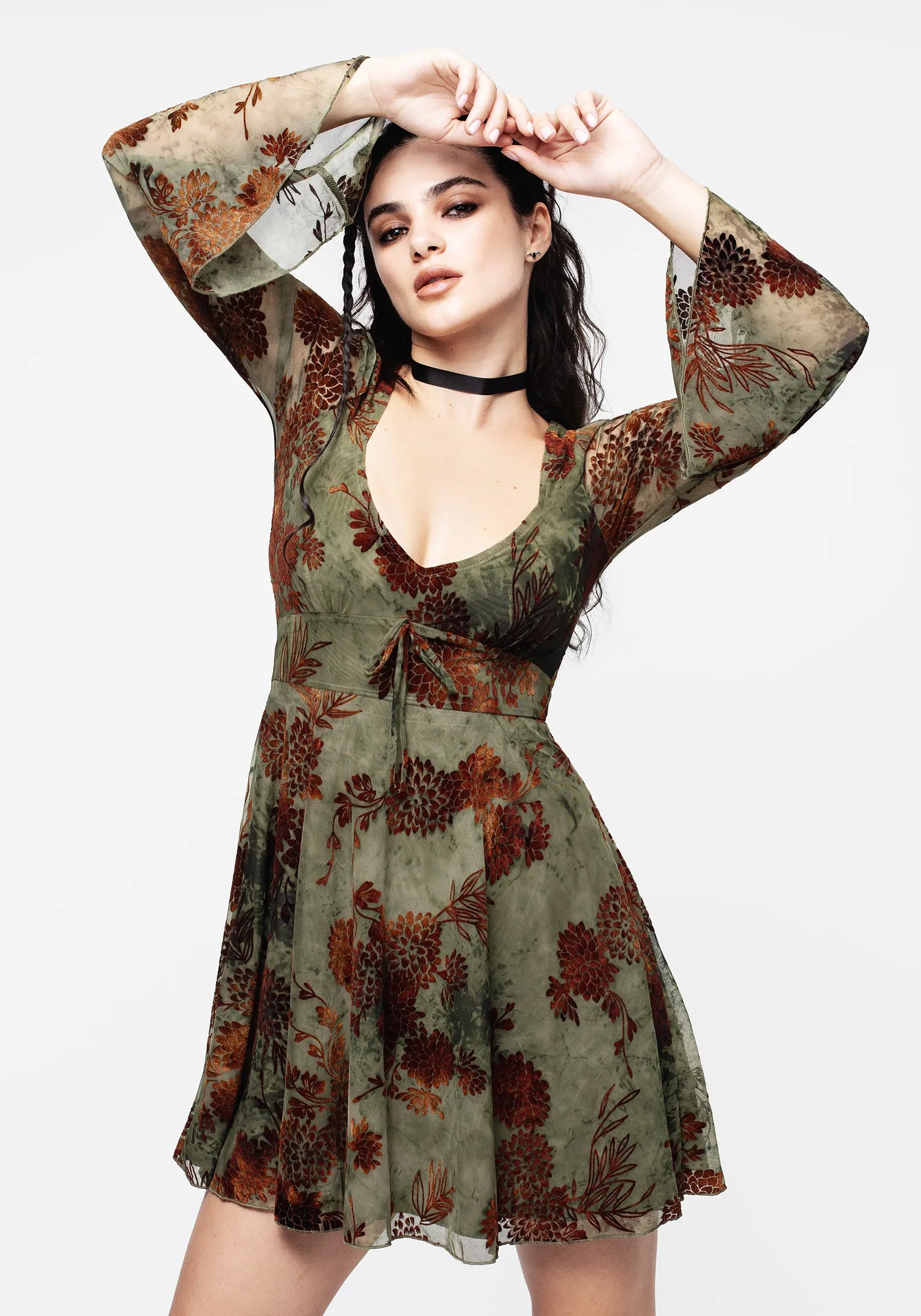 Summer Ready Look Rosaleigh Flock Velour Mesh Flare Sleeve Mini Dress