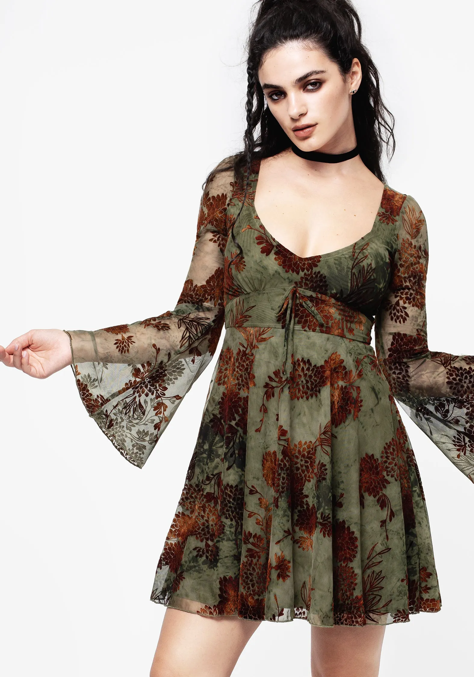 Comfy Design Scene Hot Rosaleigh Flock Velour Mesh Flare Sleeve Mini Dress