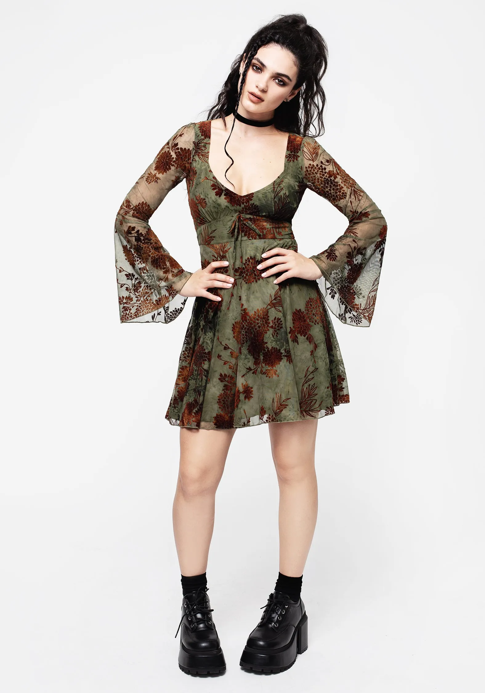 Ruched Bodice Structure Rosaleigh Flock Velour Mesh Flare Sleeve Mini Dress