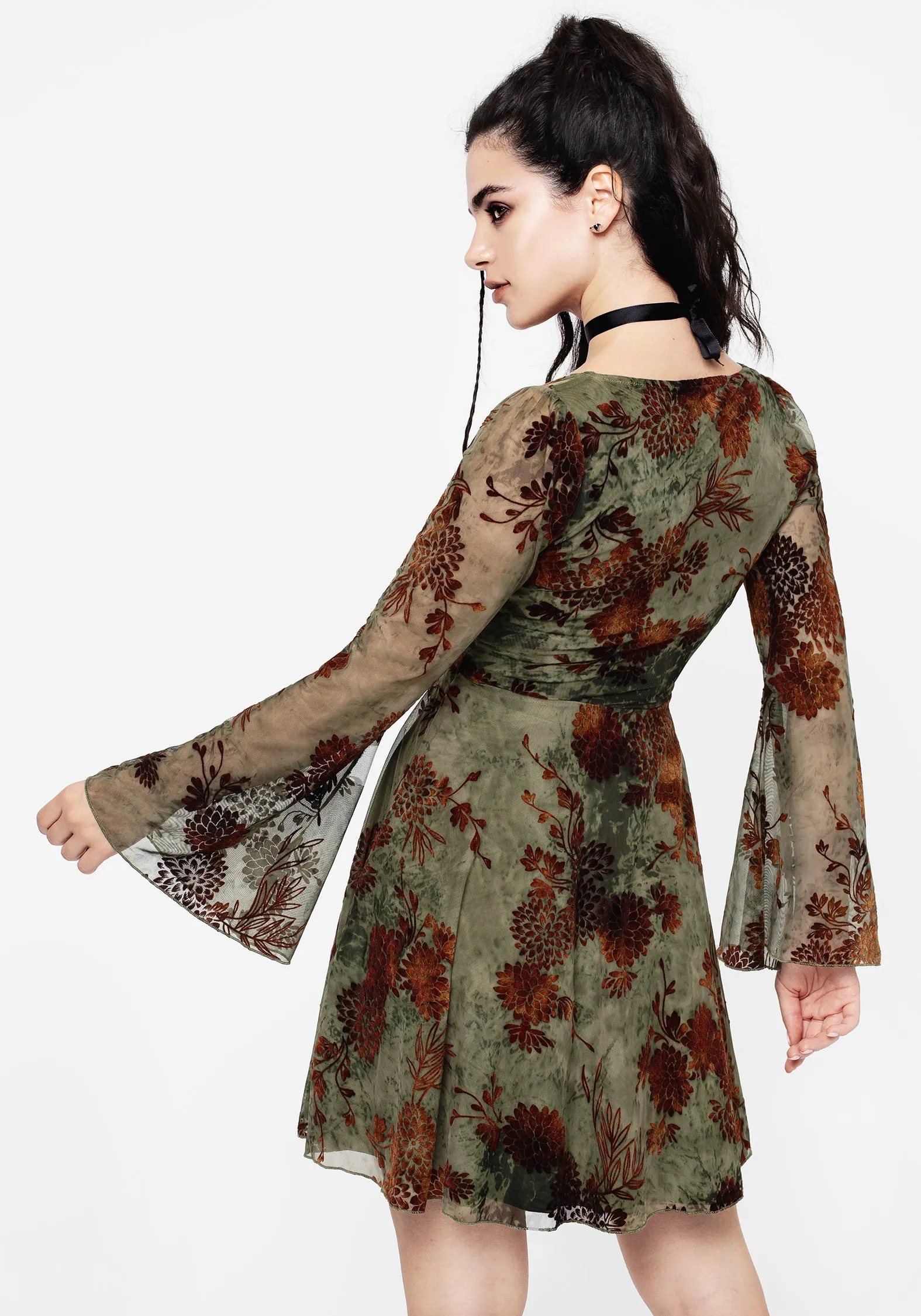 Effortless Chic Wear Rosaleigh Flock Velour Mesh Flare Sleeve Mini Dress