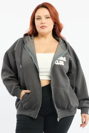 Grey Puff Print Zip Hoodie Stretchy
