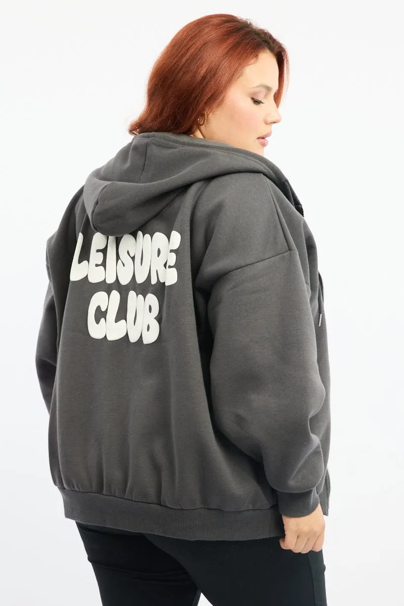 Layered Look Grey Puff Print Zip Hoodie
