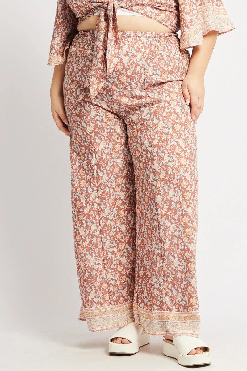 Quick Motion Multi Boho Elastic Waist Border Wide Leg Pants