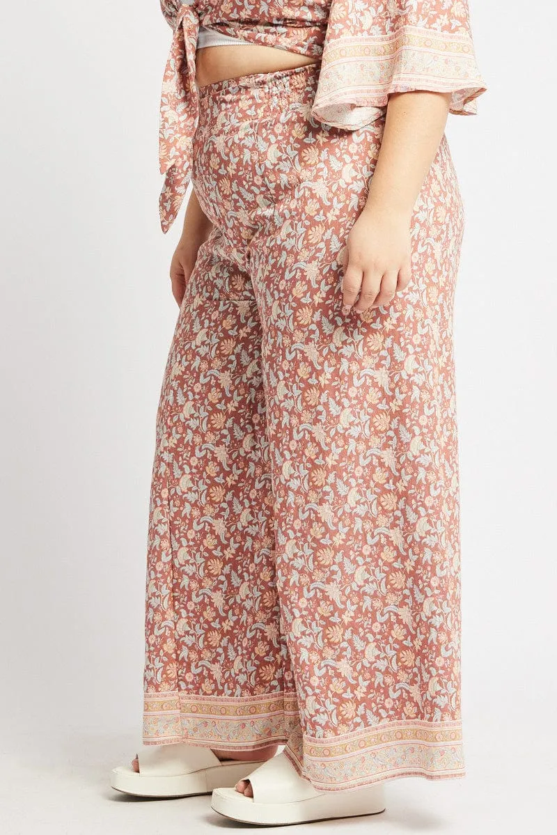 Snag Free Fabric Multi Boho Elastic Waist Border Wide Leg Pants