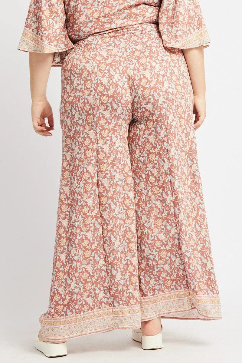 Multi Boho Elastic Waist Border Wide Leg Pants Hip Friendly Pockets Casual Office