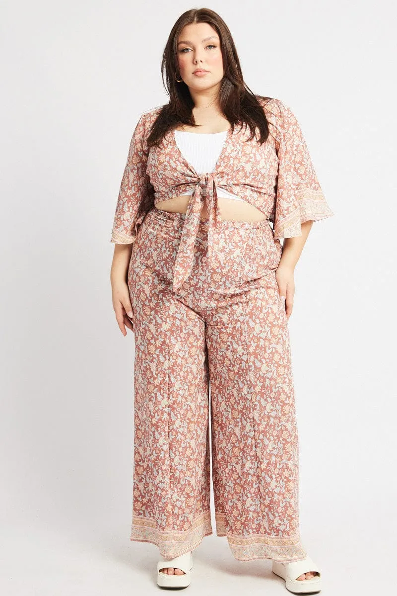 Functional Ease Multi Boho Elastic Waist Border Wide Leg Pants