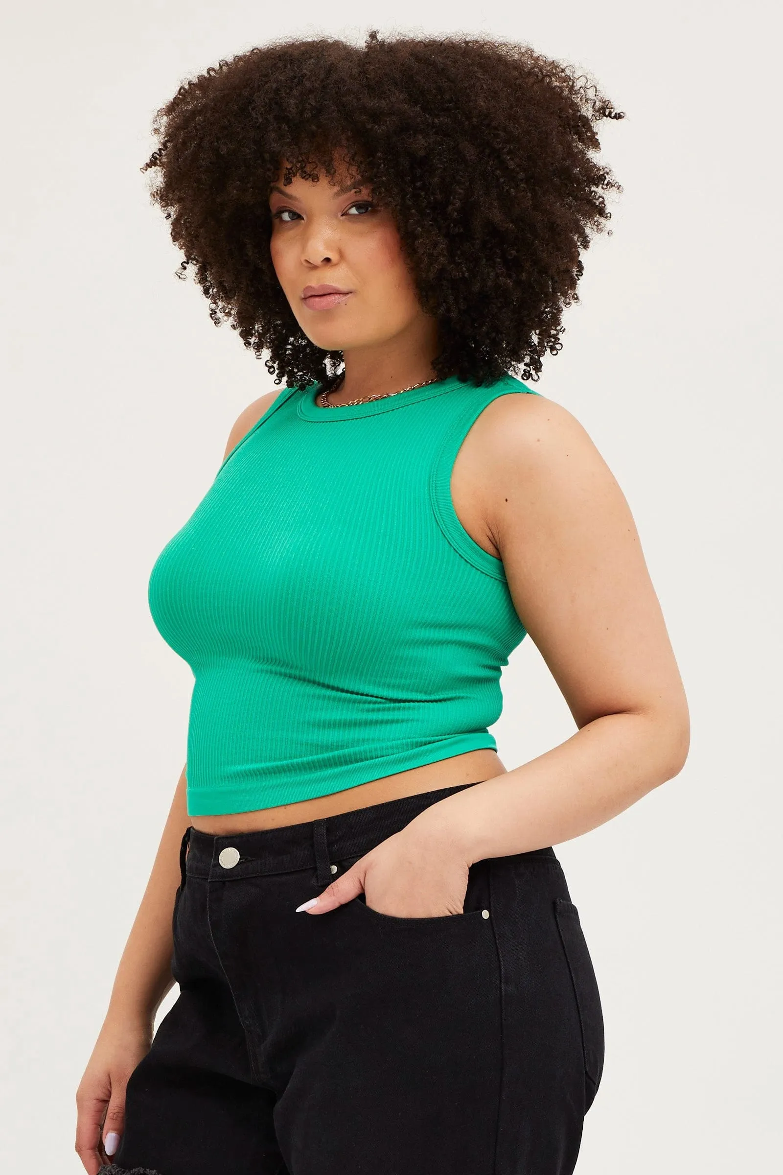 Green Tank Top Sleeveless Crew Neck Seamless MoistureManagementSystem