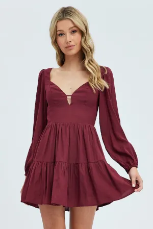 Purple Fit And Flare Dress Long Sleeve Mini Cozy Design FadeResistantColors