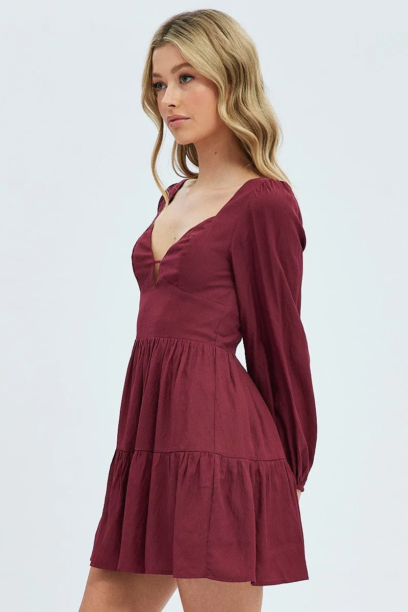 Adjustable Straps DurableCoverstitch Purple Fit And Flare Dress Long Sleeve Mini