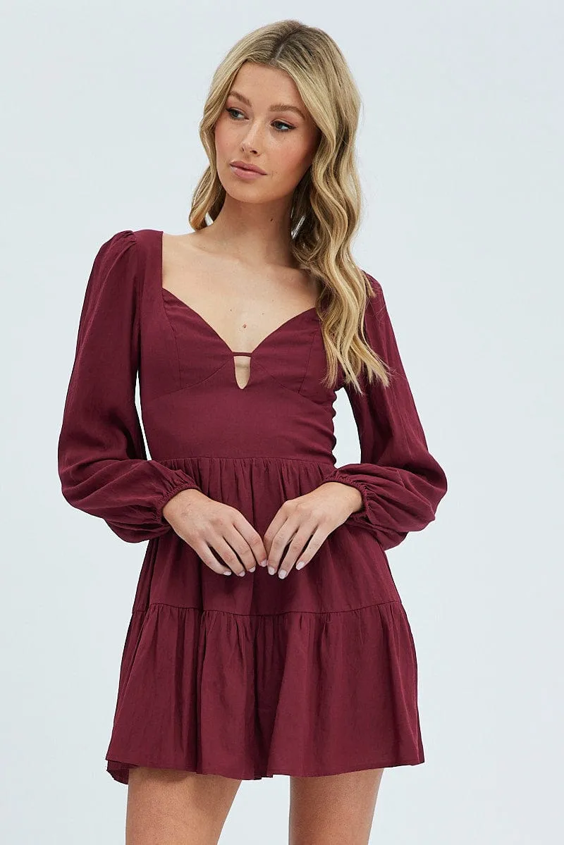 Purple Fit And Flare Dress Long Sleeve Mini SeamlessFit
