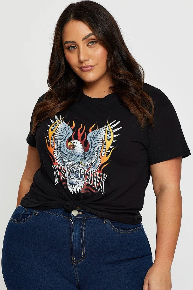 Cool and Relaxed Flexible Fit Black Graphic T-shirt Mystic Hawk Short Sleeve Cotton