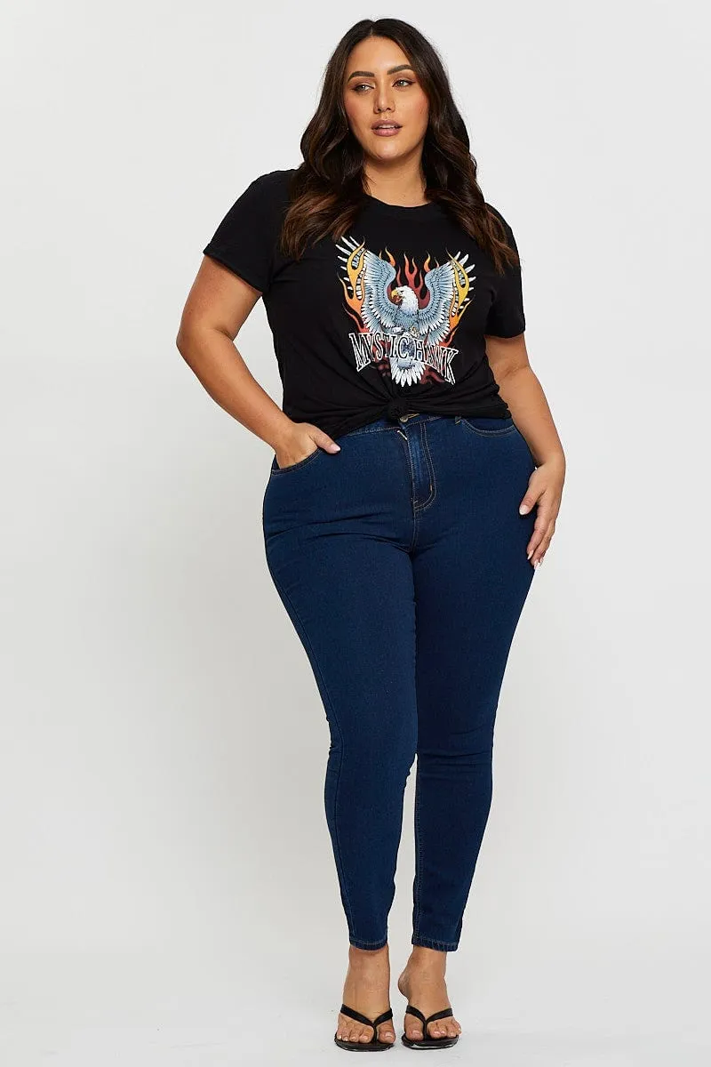 Odor-resistant Black Graphic T-shirt Mystic Hawk Short Sleeve Cotton