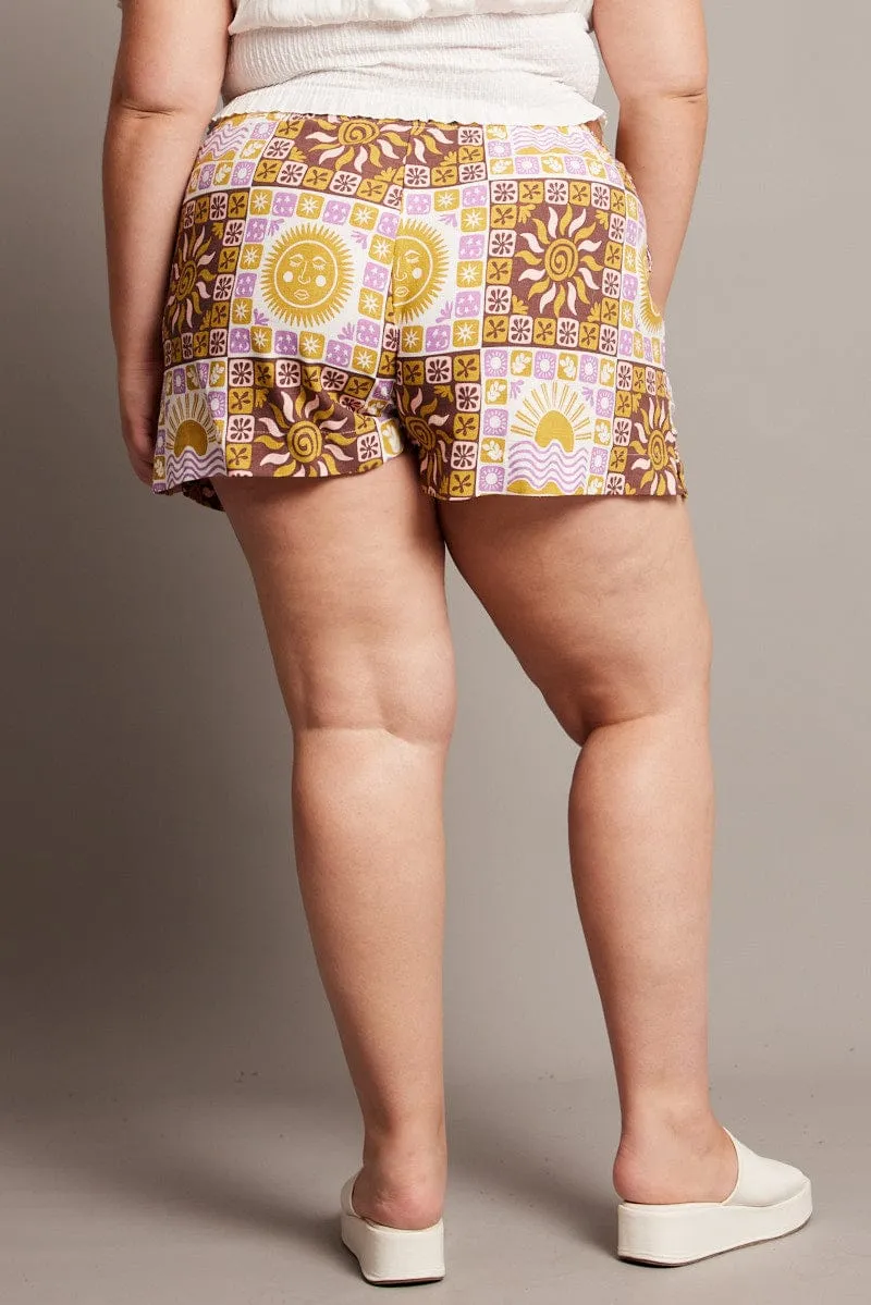 Beige Abstract Relaxed Shorts High Rise Sharp Cut Light Ease