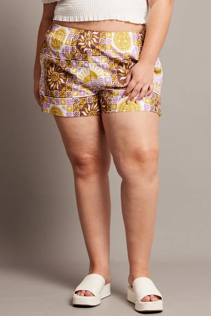 Beige Abstract Relaxed Shorts High Rise Legend Fit