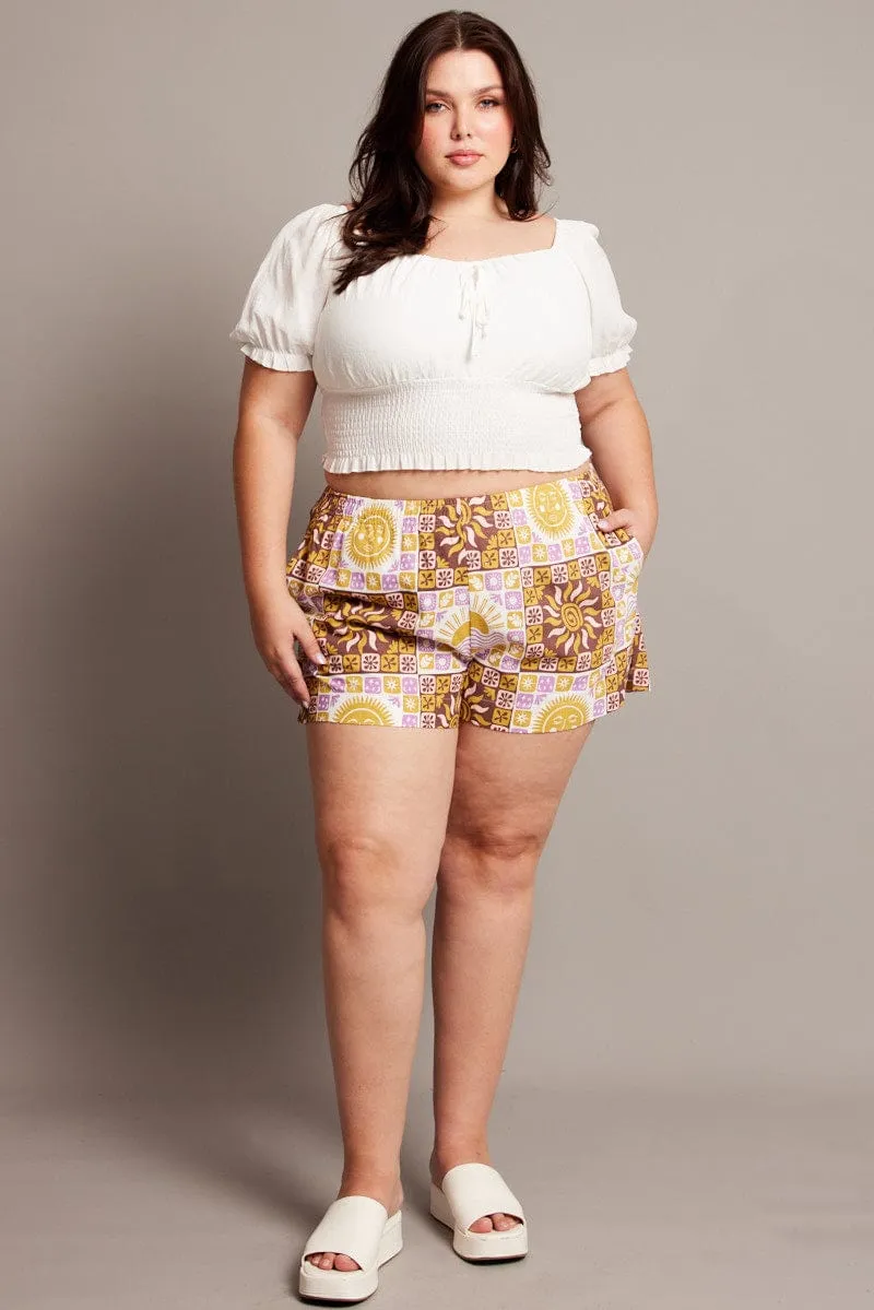 Denim style StretchComfort Beige Abstract Relaxed Shorts High Rise