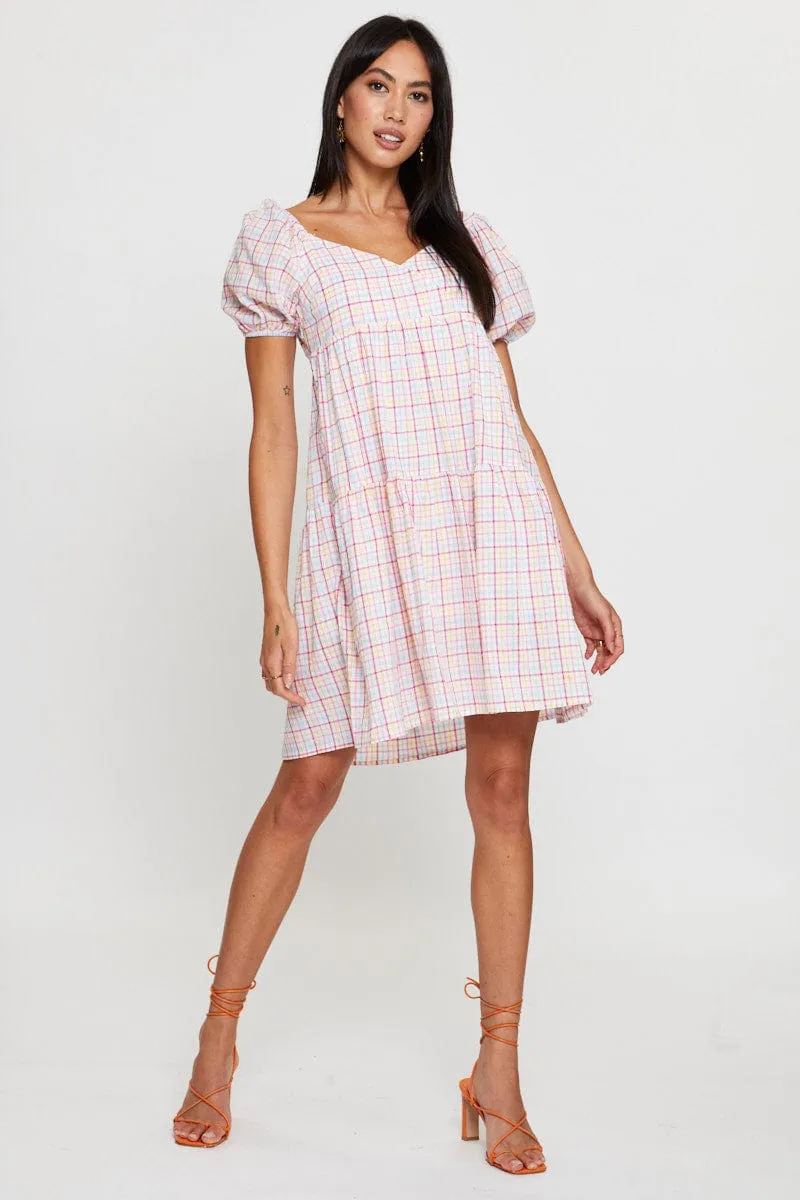 Fast Fit Check Fit And Flare Dress Short Sleeve Sweetheart Neck