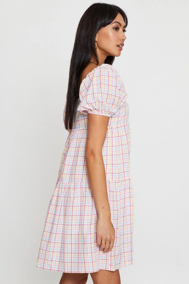 Layering Piece Check Fit And Flare Dress Short Sleeve Sweetheart Neck