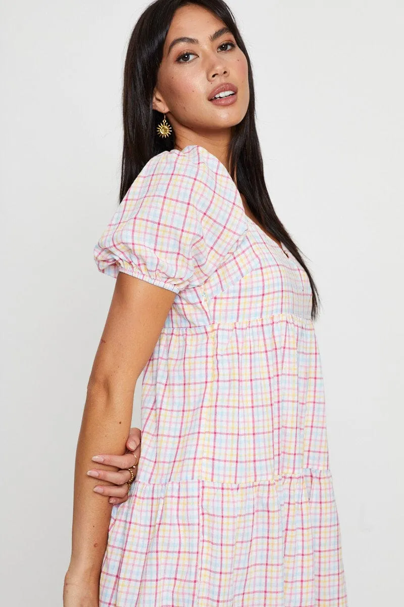 Check Fit And Flare Dress Short Sleeve Sweetheart Neck Sustainable Manufacturing Summer Air