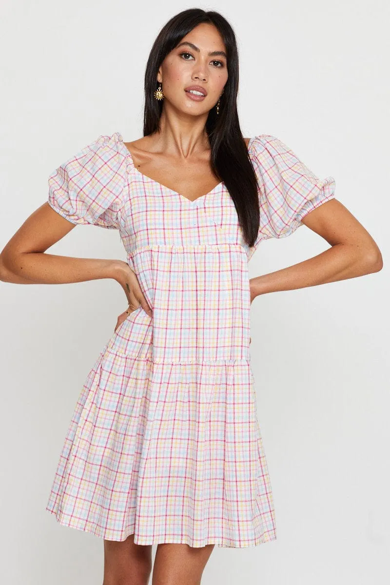 WrinkleResistant Fabric QuickReleaseFastenings Check Fit And Flare Dress Short Sleeve Sweetheart Neck