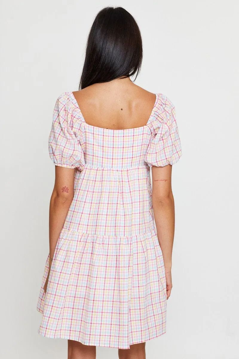 Check Fit And Flare Dress Short Sleeve Sweetheart Neck Forest Air Sharp Look