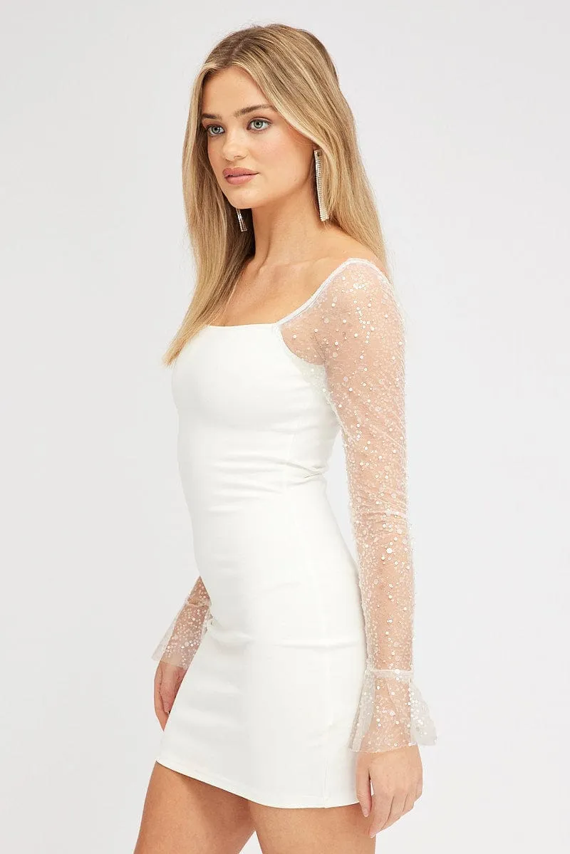 FlexibleFit smooth zipper White Bodycon Dress Beaded Embellished Bell Mesh Sleeve