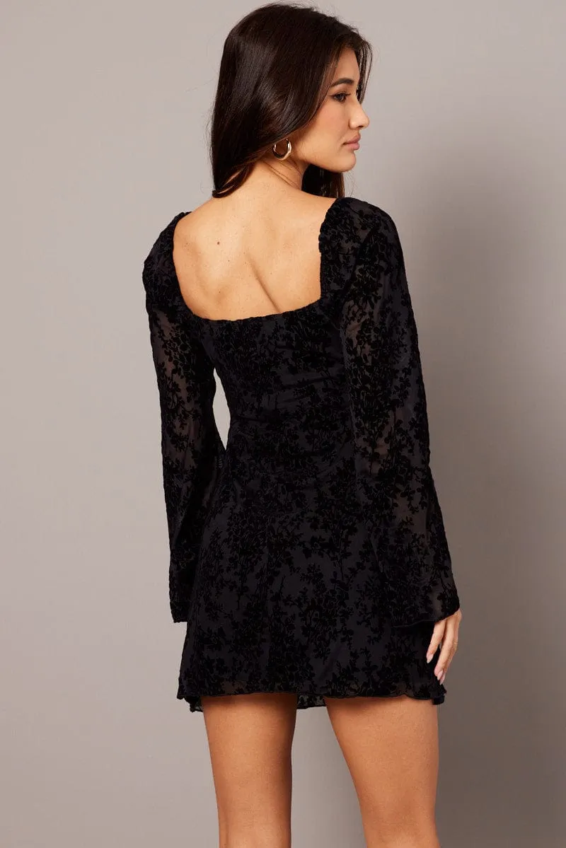 Black Mini Dress Long Sleeve Burnout Pop Rush