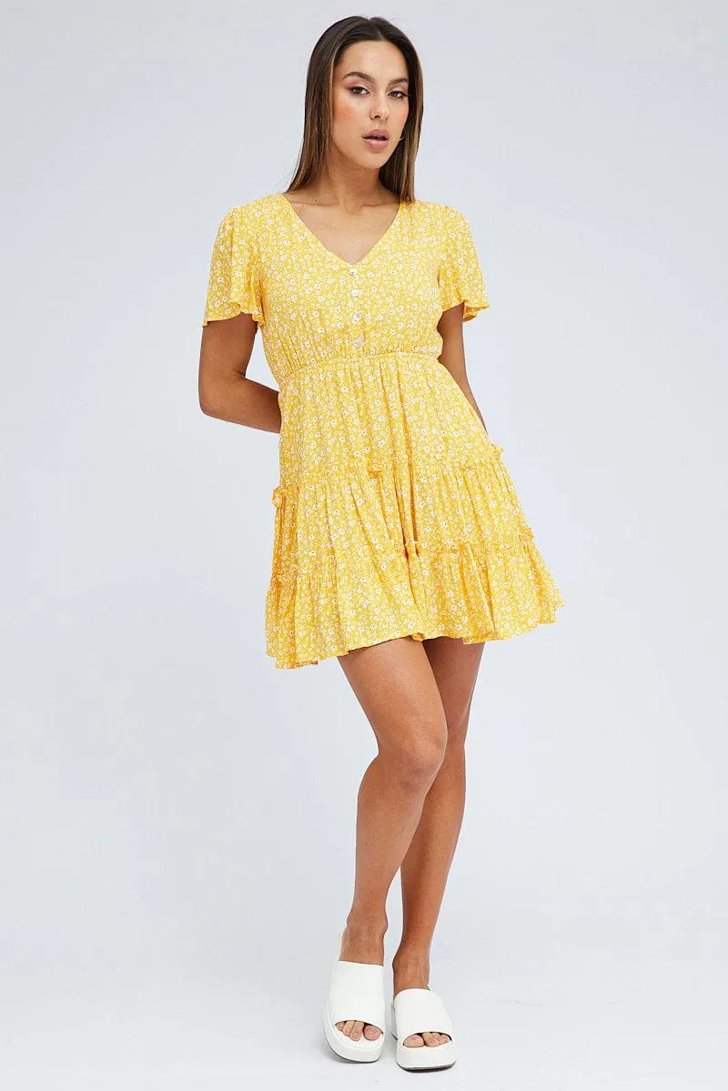 Yellow Ditsy Fit And Flare Dress Short Sleeve Mini Festival Air
