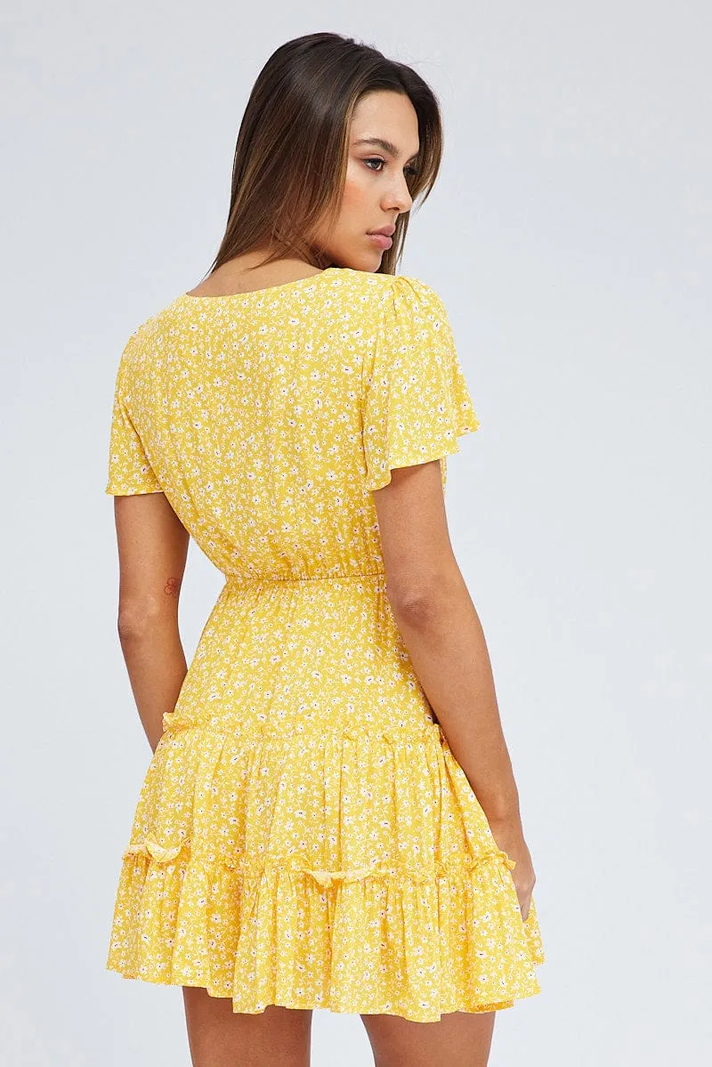 Yellow Ditsy Fit And Flare Dress Short Sleeve Mini Natural Fiber Blend