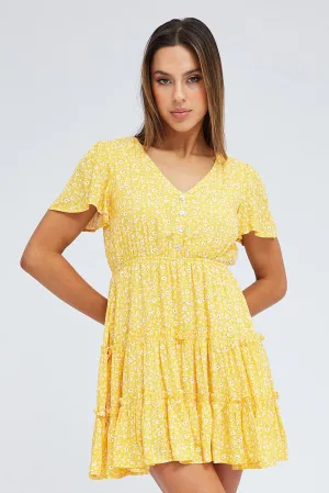 Yellow Ditsy Fit And Flare Dress Short Sleeve Mini Dance Flow LightweightMaterial