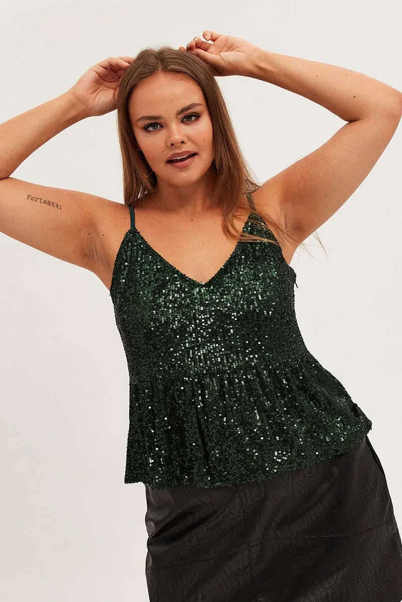 Green Sequin Camisole Top Shoestring Strap Peplum ReinforcedStitching Roomy Design