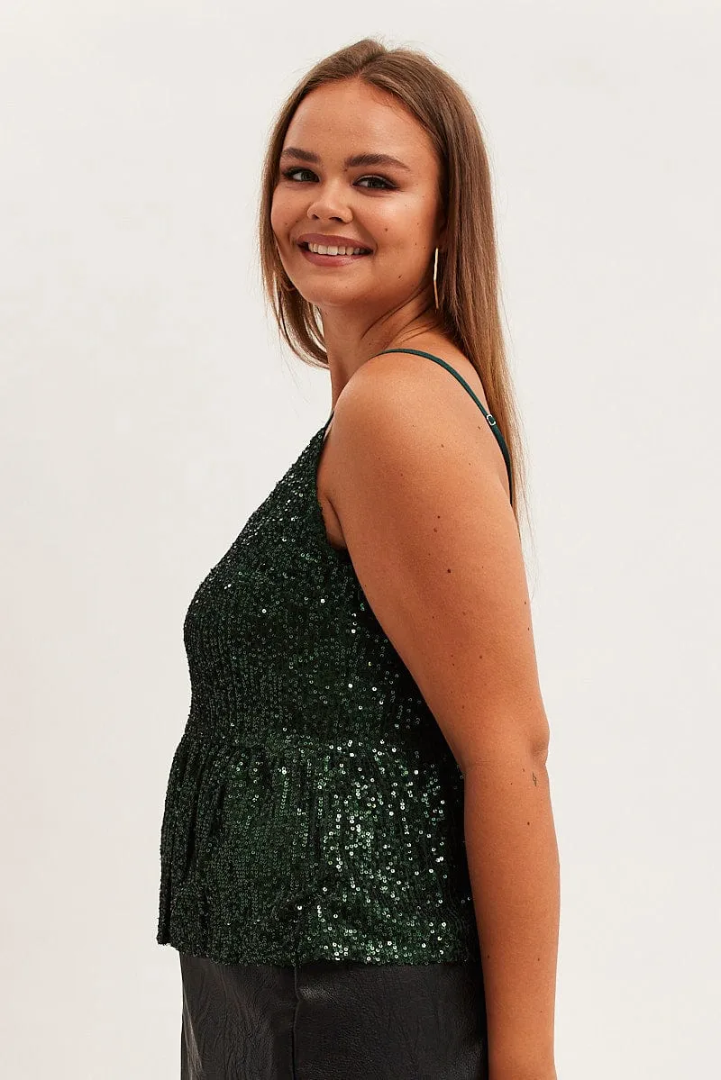Peace Flow Green Sequin Camisole Top Shoestring Strap Peplum