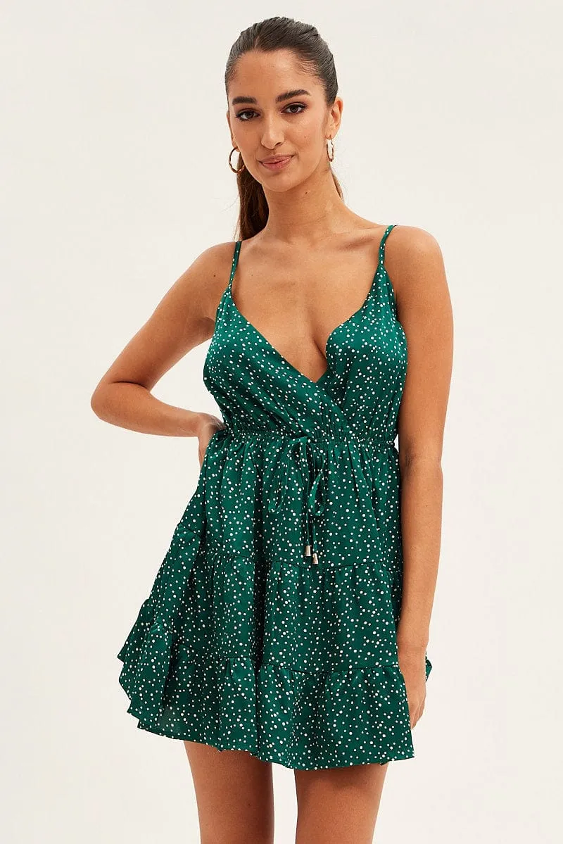FlexibleElasticity Business Attire Polka Dot Skater Dress Sleeveless Mini Satin