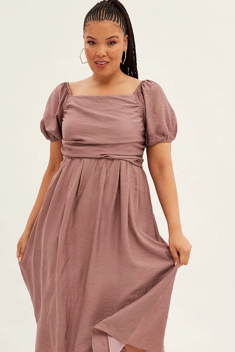 Stylish Essentials Pasture View Pink Midi Dress Puff Sleeve Square Neck Lined Textured