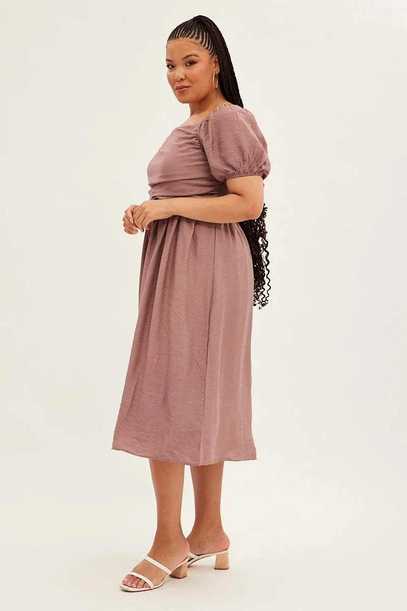 Pink Midi Dress Puff Sleeve Square Neck Lined Textured Style Easy