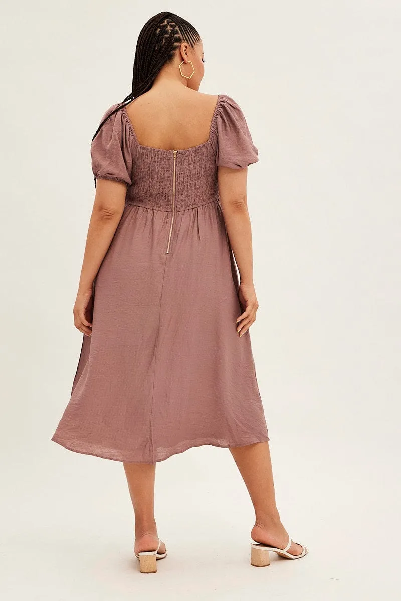 Perfectly Fitted Pink Midi Dress Puff Sleeve Square Neck Lined Textured