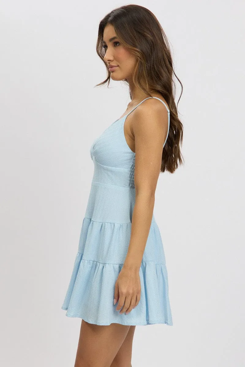 Blue Fit And Flare Dress Mini Textured Fabric Spice Core