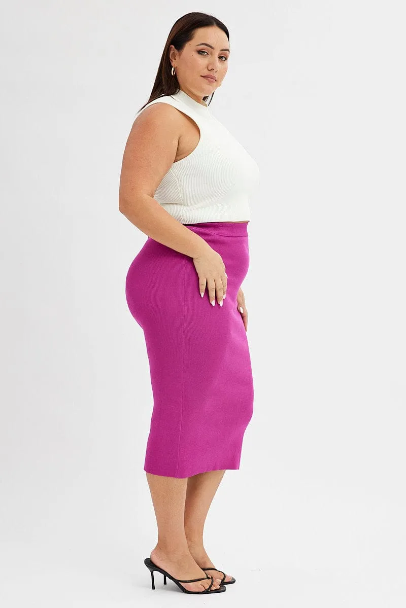 Twist Front Design Pink Midi Skirt Rib Knit