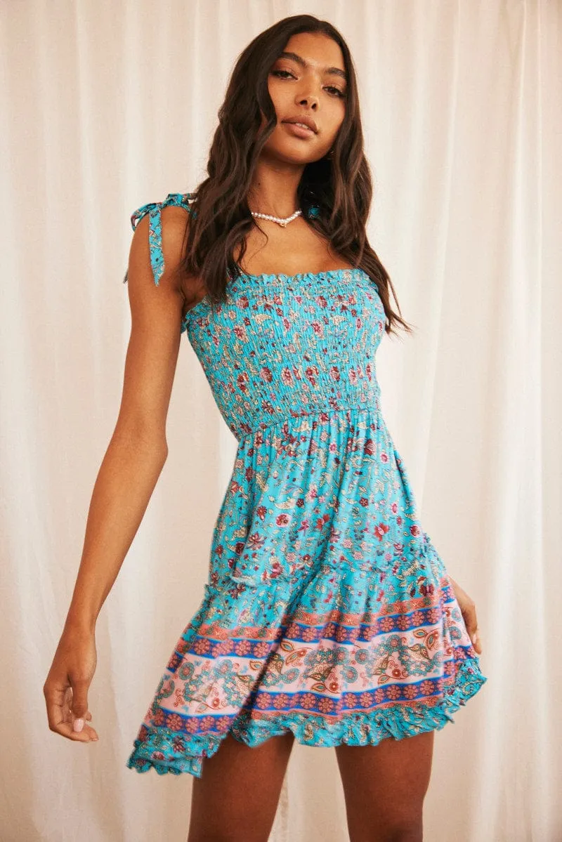 Subtle Texture Print Boho Print Mini Dress Sleeveless Fit & Flare
