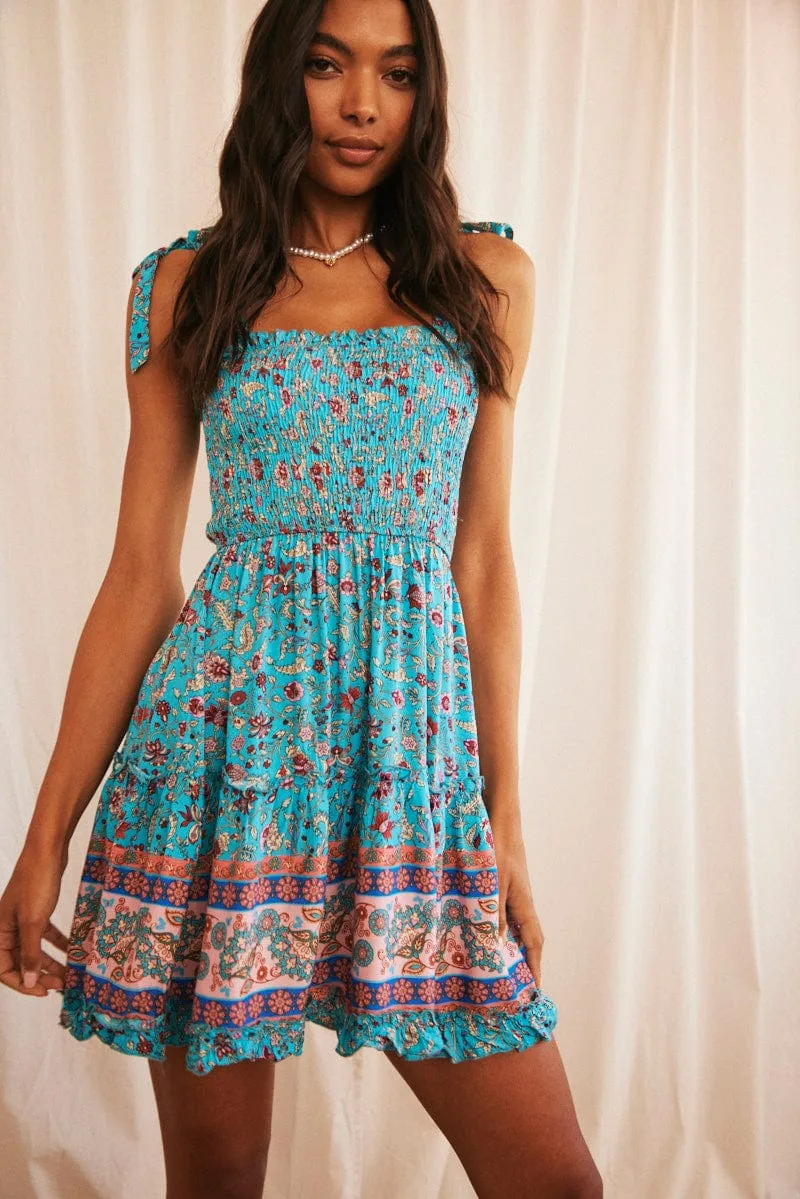 Print Boho Print Mini Dress Sleeveless Fit & Flare Adaptive Sizing System