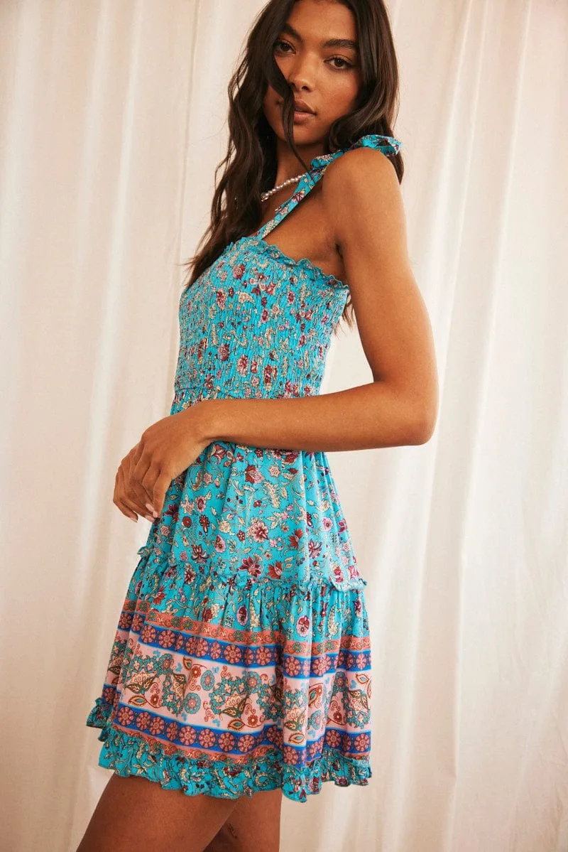 Print Boho Print Mini Dress Sleeveless Fit & Flare Pop Warm