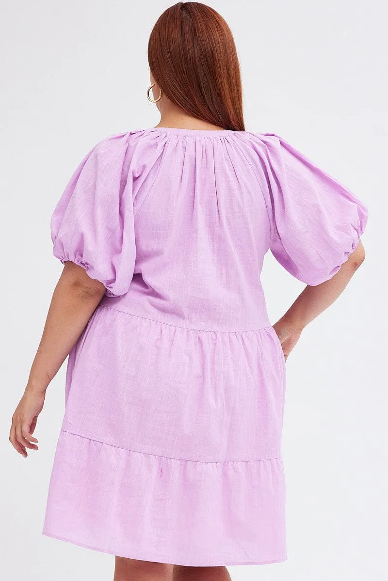 Purple Mini Dress Easy Shirt Collar Half Sleeve Trendy Outfit