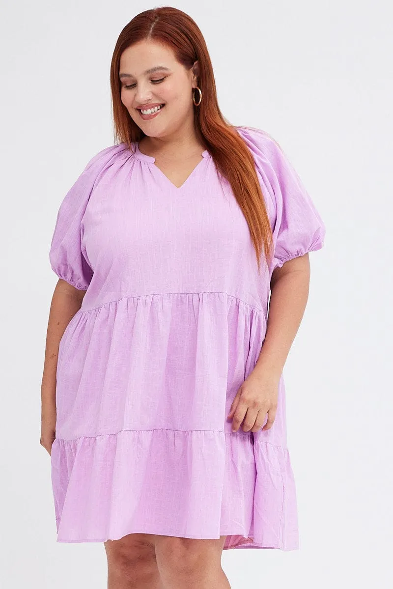 Invisible Zipper Closure Purple Mini Dress Easy Shirt Collar Half Sleeve