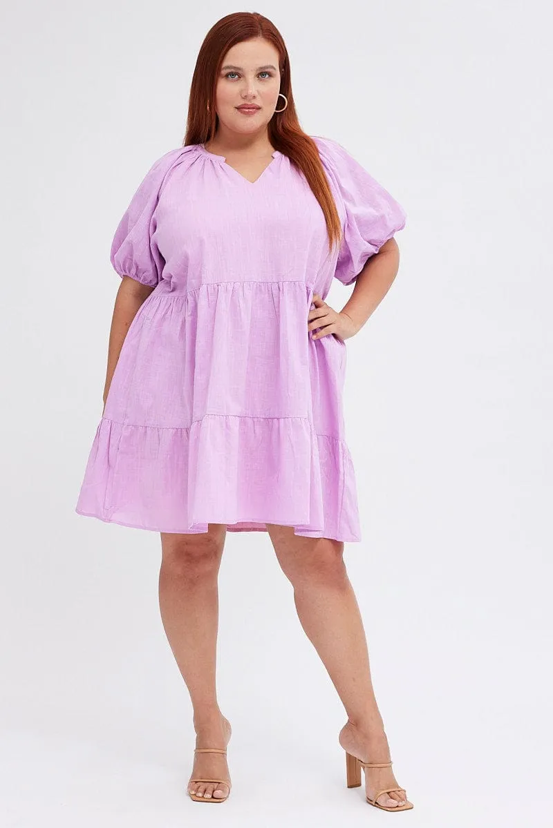 Tagless Design Purple Mini Dress Easy Shirt Collar Half Sleeve
