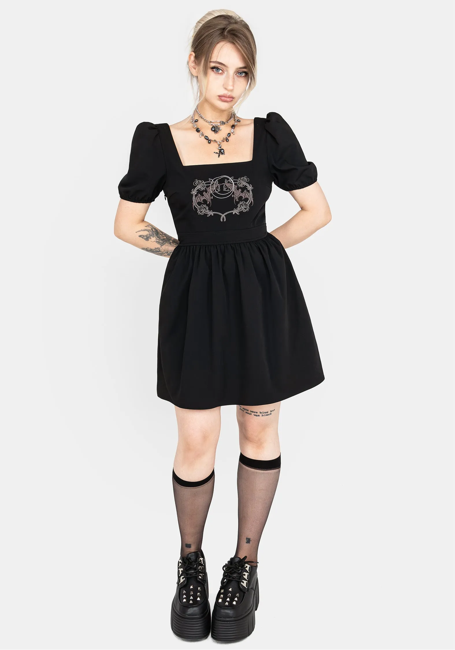 Vampyrum Bat Embroidered Puff Sleeve Mini Dress Casual Fit Look