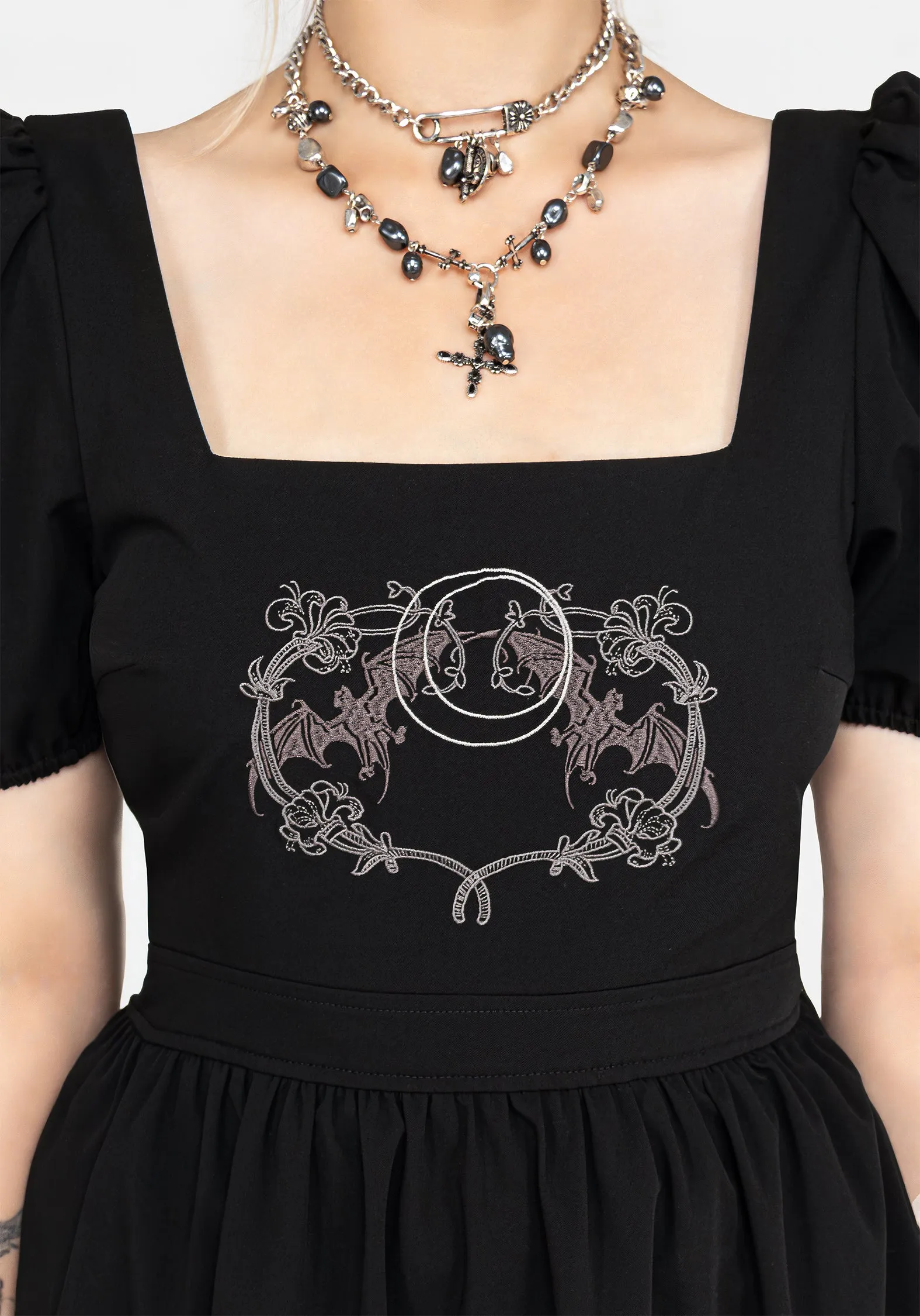 Vampyrum Bat Embroidered Puff Sleeve Mini Dress Trendy mini for every occasion City Scene